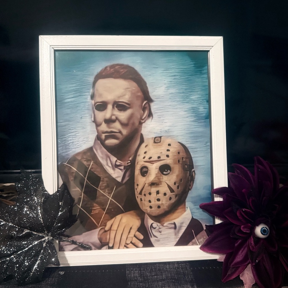 White Picture Frame with Horror Movie Art